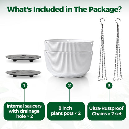T4U 10 Inch Hanging Planters for Indoor Plants, 2 Pack White Self Watering Hanging Plant Pot, Hanging Pots Set with Drainage Hole & Plug & Chain with 3 Hooks for Garden Home Decor