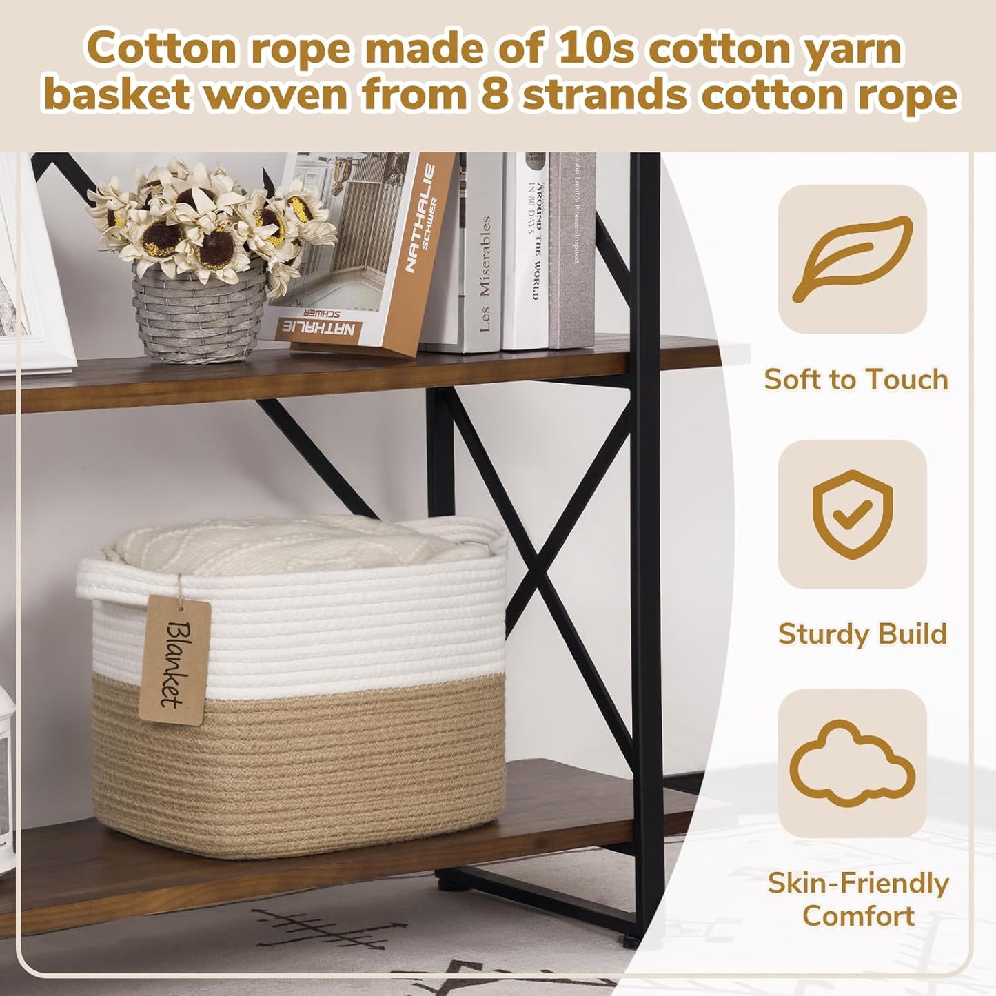 Goodpick Woven Storage Basket, Cotton Rope Basket for Dog Toys, Books, Stylish Gift Basket with Handles, 13 x 10 x 9 Inches Square Baskets for Organizing, Brown and White