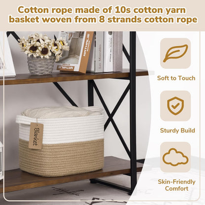 Goodpick Woven Storage Basket, Cotton Rope Basket for Dog Toys, Books, Stylish Gift Basket with Handles, 13 x 10 x 9 Inches Square Baskets for Organizing, Brown and White