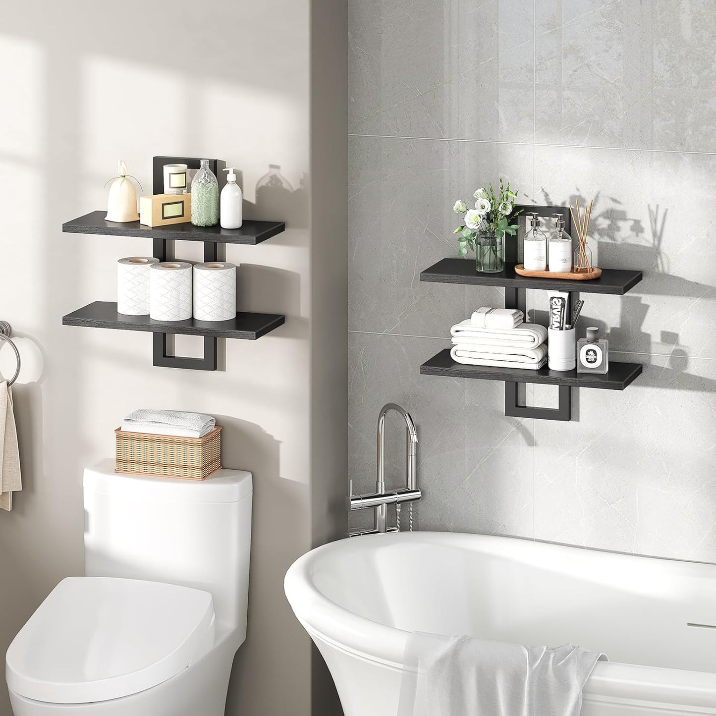 HOOBRO Floating Shelves, 15 Inch Wall Shelf Set of 2, Wall Mounted Storage Shelves 2-Tier, Hanging Bathroom Shelves, for Living Room, Bedroom, Bathroom, Kitchen, Rustic Brown and Black BF32BJ01G1