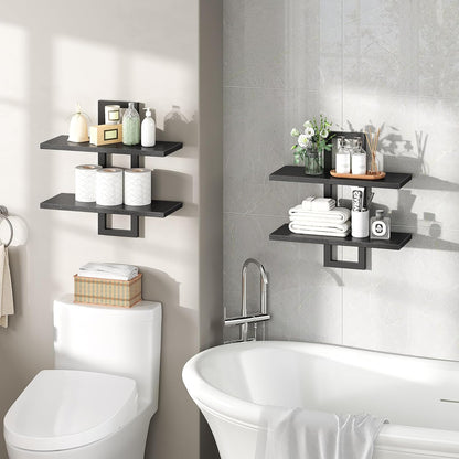 HOOBRO Floating Shelves, 15 Inch Wall Shelf Set of 2, Wall Mounted Storage Shelves 2-Tier, Hanging Bathroom Shelves, for Living Room, Bedroom, Bathroom, Kitchen, Rustic Brown and Black BF32BJ01G1