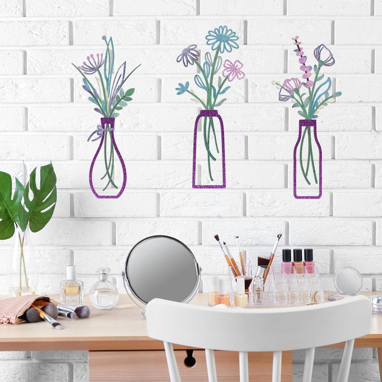 Pigort 3 Pieces Metal Flowers Wall Art- Rustic Farmhouse Decor Minimalist Decor for Living Room Bathroom Bedroom Dining Room, Housewarming Gifts Christmas Decoration(Beige, Vase-C)
