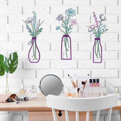Pigort 3 Pieces Metal Flowers Wall Art- Rustic Farmhouse Decor Minimalist Decor for Living Room Bathroom Bedroom Dining Room, Housewarming Gifts Christmas Decoration(Beige, Vase-C)