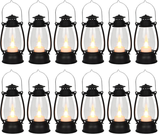 12Pcs Mini Lantern Decorative with Flickering LED Candle, 6Inch Small Western Lantern for Table Centerpiece, Vintage Hanging Candle Holders for Western Halloween Camping Party Decor (Brown)