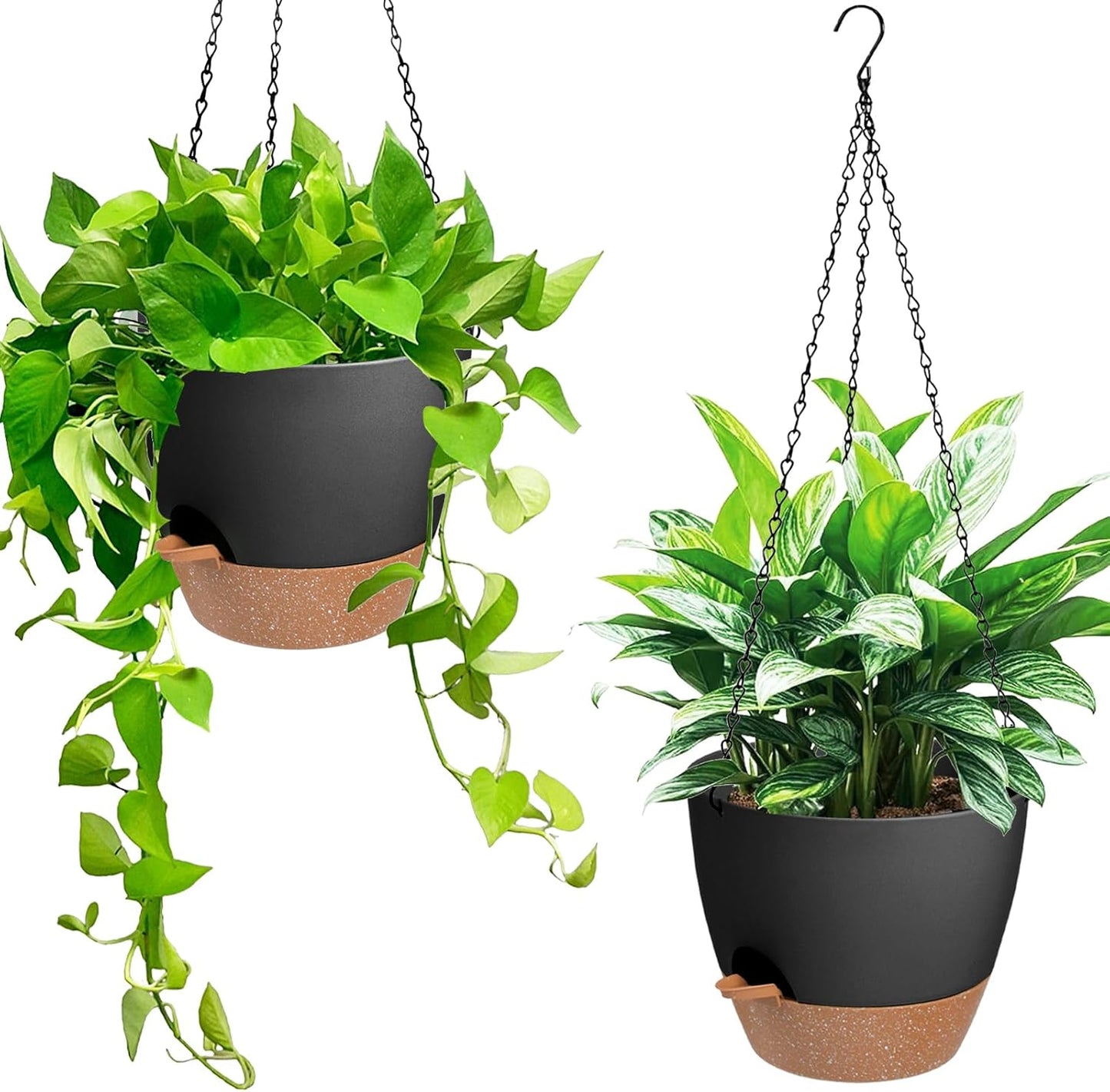 Vanslogreen Hanging Planters for Indoor Outdoor Plants, 2 Pack Self Watering Hanging Pot with Drainage Holes & Removable Tray (Black, 8'')