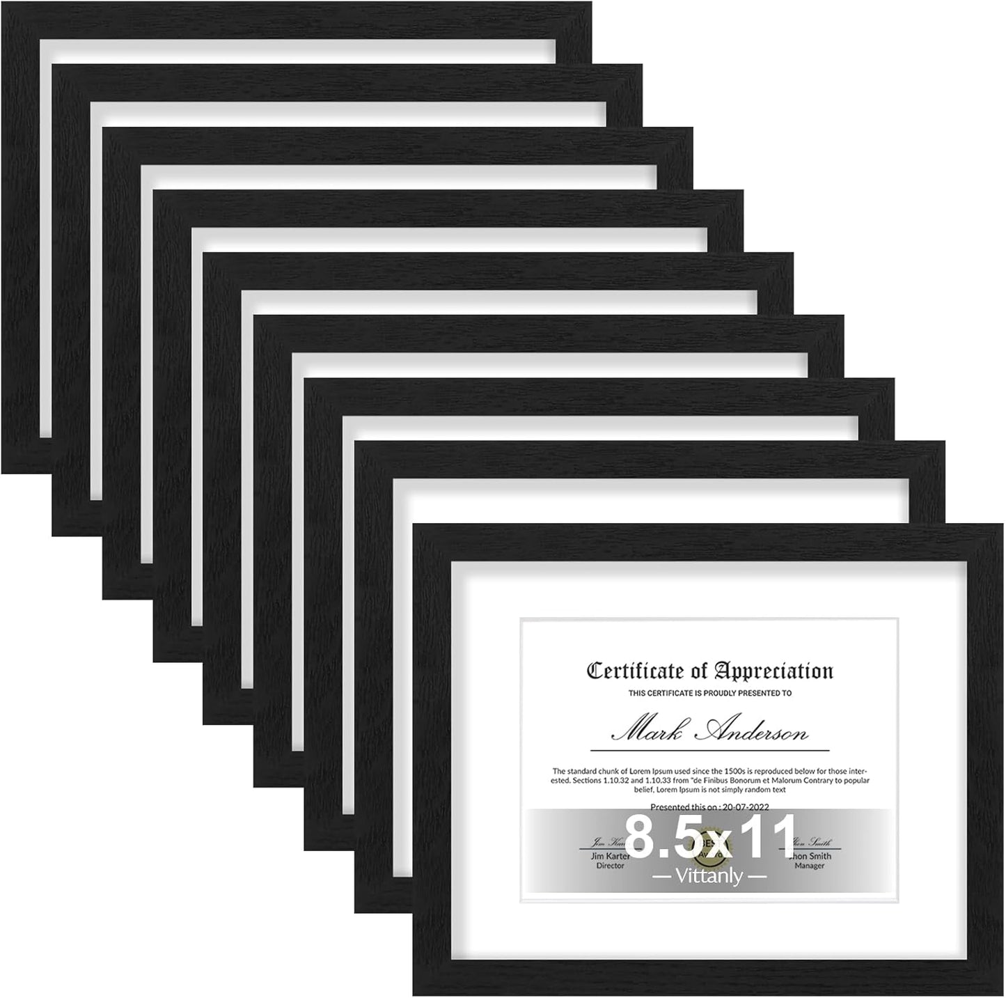 Vittanly 8x10 Picture Frames Set of 9, Shatter Resistant Plexiglass, Display 5x7 Pictures with Mat or 8x10 without Mat, Photo Frames for Wall or Tabletop, Engineered Wood, Black - Colors A