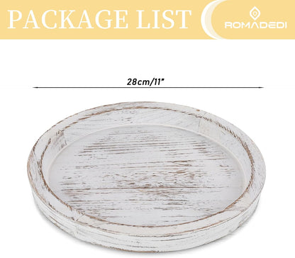Romadedi Rustic Wooden Tray Candle Holder - Round Wood Decorative Pillar Candle Tray for Coffee Table Farmhouse Kitchen Countertop Organizer Home Decor Wedding Centerpiece, Distressed White