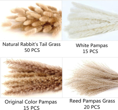 65PCS Pampas Grass Decor, Including pompas Floral, Reed Dried Grass and Bunny Tails Dried Flowers, Natural Dried Pampas Grass Bouquet for Boho Decor Wedding, Home Decoration