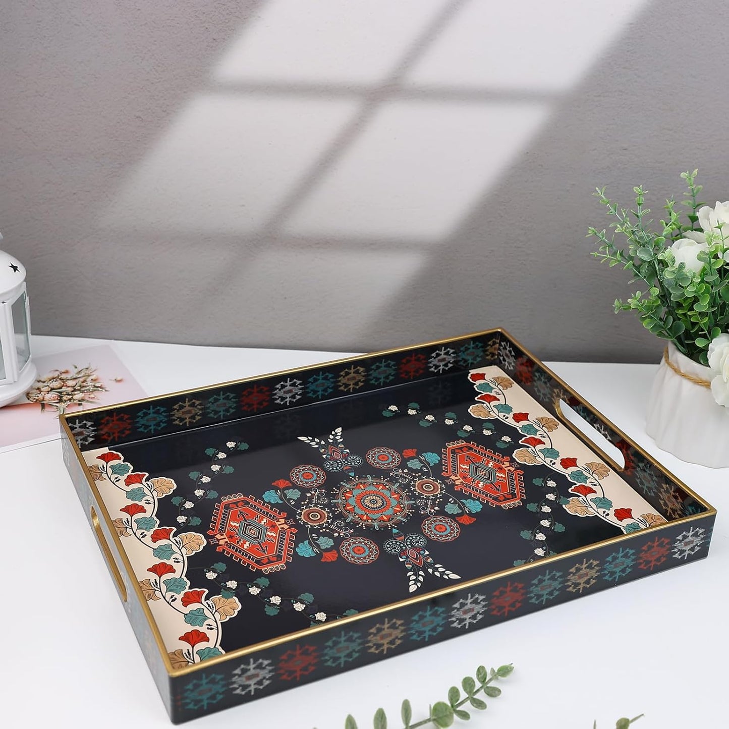 Spsyrine Serving Tray with Handles, Plastic Decorative Tray for Coffee Table, Living Room, Home Decor, Dianthus