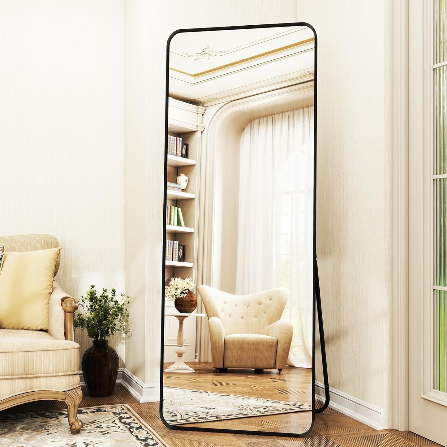 XRAMFY 56"x21" Floor Full Length Mirror Standing Full Body Rounded Corner Rectangle Mirrors with Stand Hanging Wall Mounted Leaning Bedroom Living Room Bedroom Cloakroom,Gold
