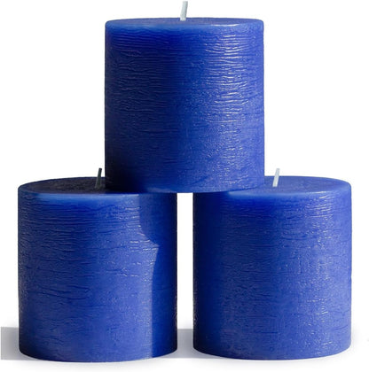 CANDWAX 3x4 inch Pillar Candles Set of 3 – Unscented Dripless Rustic Dark Blue Candles for Room Decor, Weddings, Centerpieces