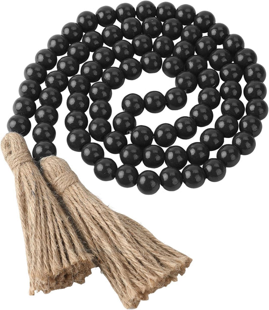 Wood Bead Garland 58 Inch Nature Wooden Beads for Boho Farmhouse Table Home Decor with Tassel, Wooden Prayer Bead, Rustic Country Boho Wall Hanging Decor for Kitchen Modern Living Room Tray Vase Shelf
