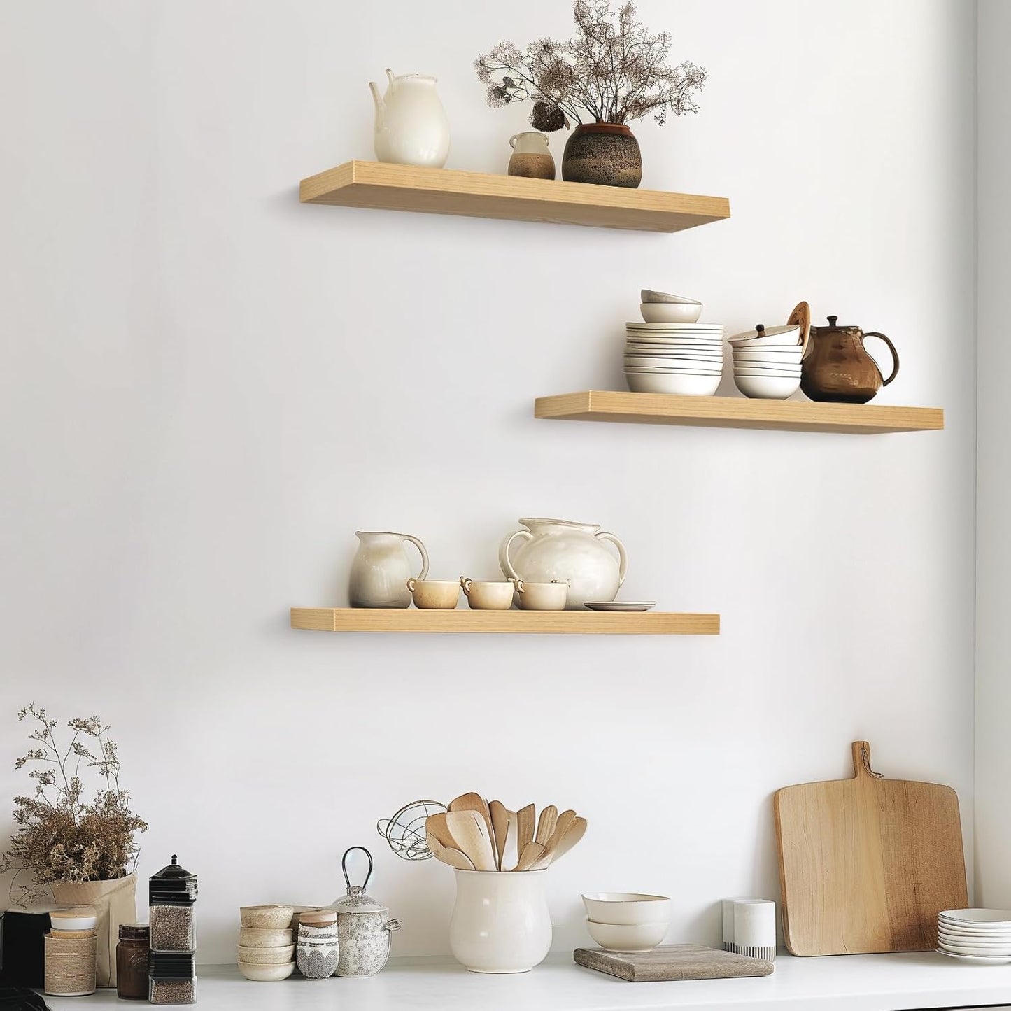 BAYKA Floating Shelves for Wall, Set of 3, Wall Mounted Rustic Wood Shelves for Bathroom, Bedroom, Living Room, Kitchen, Small Hanging Shelf for Books/Storage/Room Decor, Walnut-Like, 15.7in