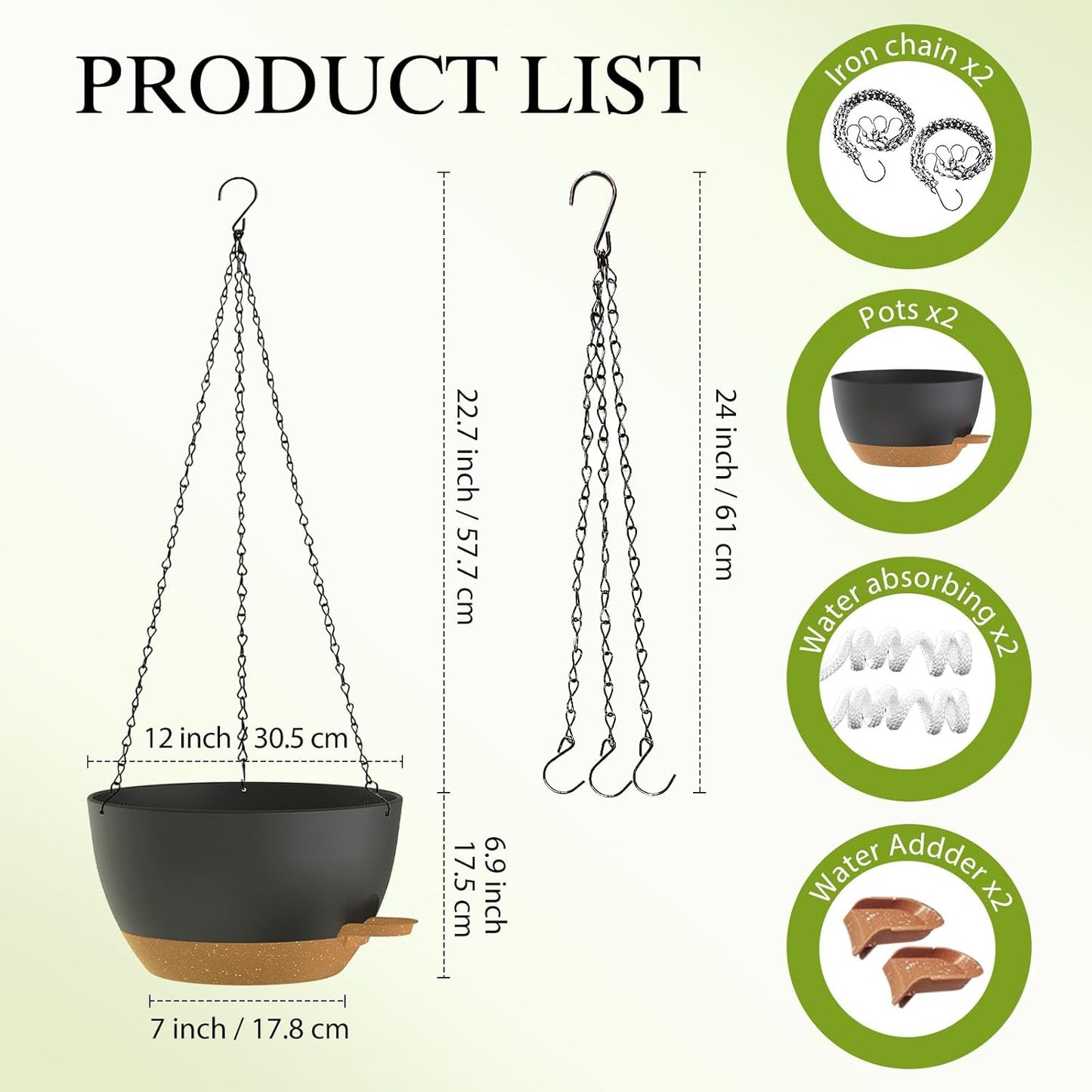 12 Inch Hanging Baskets 2 PC with Chains, Self-Watering Hanging Planters for Indoor Outdoor Plants, Plastic Hanging Flower Pots,Black