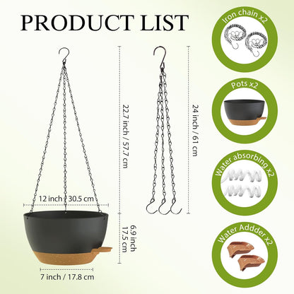12 Inch Hanging Baskets 2 PC with Chains, Self-Watering Hanging Planters for Indoor Outdoor Plants, Plastic Hanging Flower Pots,Black