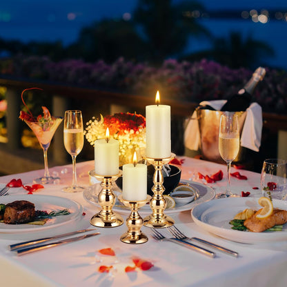 3 Sets Gold Pillar Candle Holders Metal Candle Holders for Pillar Candles, LED Flameless Candles 5.31, 6.50, 8.46 Inch Tall for Table Centerpiece, Fireplace Decor