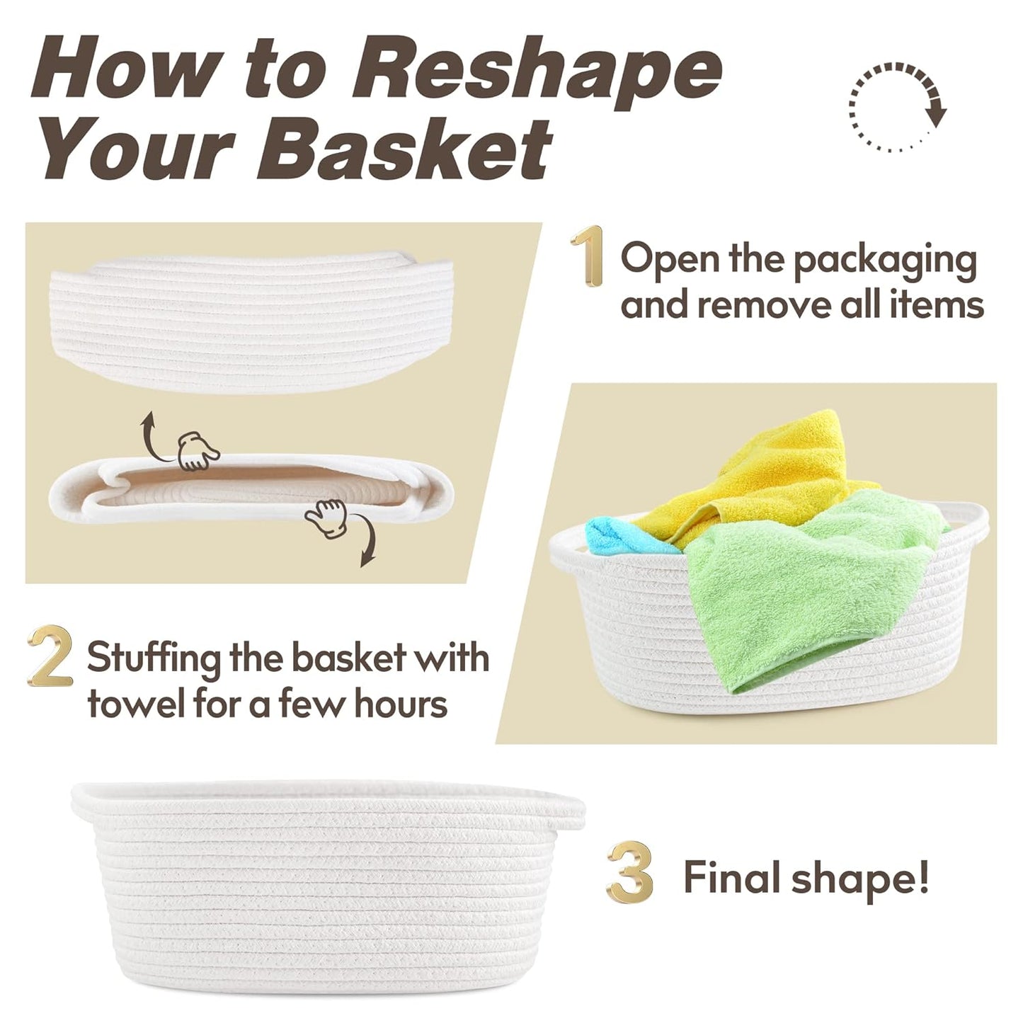 Pro Goleem Small Woven Basket with Gift Bags and Ribbons Durable Baskets for Mothers Day Gifts Empty Small Rope Basket for Storage 12"X 8" X 5" Baby Toy Baskets with Handles, White