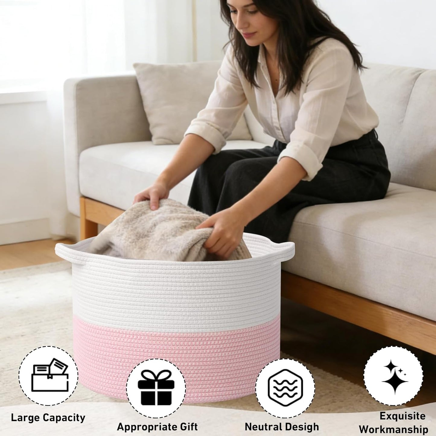 Large Woven Blanket Basket,65L Cotton Rope Laundry Basket Hamper with Handles, Decorative Nursery Basket Storage Bin for Toys, Clothes Organizer, Living Room, Bedroom, Bathroom, White & Brown