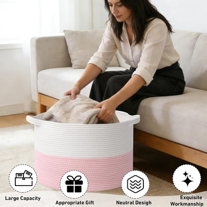 Large Woven Blanket Basket,65L Cotton Rope Laundry Basket Hamper with Handles, Decorative Nursery Basket Storage Bin for Toys, Clothes Organizer, Living Room, Bedroom, Bathroom, White & Brown