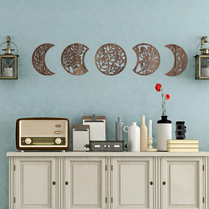 Jetec 5 Pcs Moon Phase Wall Art Decor Wall Pediments Hanging Wooden Phase Spiritual Bedroom Nordic Boho Lunar Aesthetic Art for Living Room Dorm Apartment Ornament(Brown,10.6 Inch,Botanical)