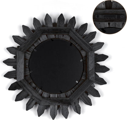 Honiway Wall Mirror Decorative 12 inch Rustic Wood Mirror Sunburst Boho Mirror for Entryway Bedroom Living Room Bathroom House Warming Gifts New Home Essential Carbonized Black