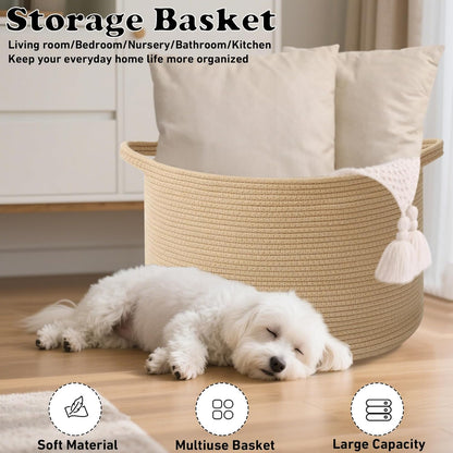 Large Woven Blanket Basket,65L Cotton Rope Laundry Basket Hamper with Handles, Decorative Nursery Basket Storage Bin for Toys, Clothes Organizer, Living Room, Bedroom, Bathroom, White & Brown