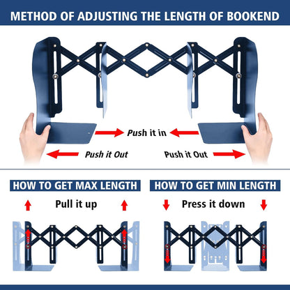 2PCS Adjustable Bookends, Metal Book Ends for Heavy Book, 2 Dividers, Nonslip Book Stander for Desk, Shelf, Office, Stationery Gift, Extends up to 19 inches (Blue)