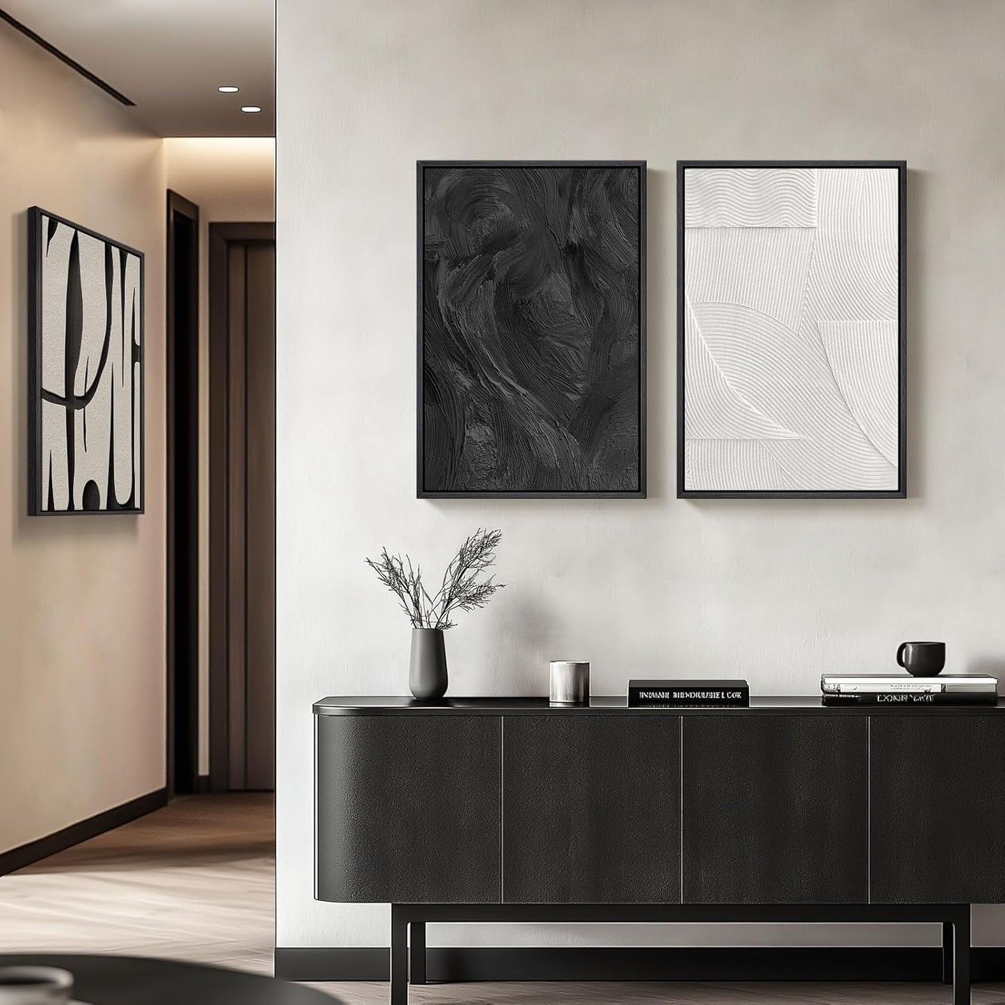 Large Framed Black and White Abstract Wall Art for Living Room, 3 Piece Big Modern Canvas Prints Paintings Artwork for Walls, Minimalist Abstract Art Pictures for Hallway, Office Wall Decor 24x36 In