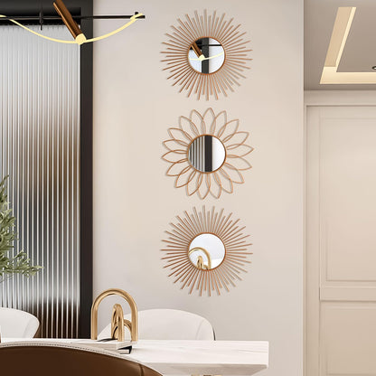 3 Pack Metal Mirrors for Wall Sunburst Wall Mirrors Home Décor Decorative Hanging Wall Art for Living Room Bedroom Entryway (Gold, Flower+Sunburst)