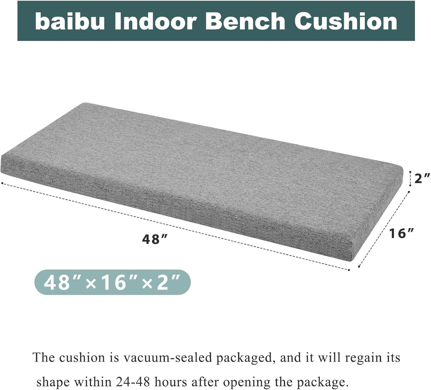baibu 48 Inch Bench Cushion, Dual-Layer Design Memory Foam Indoor Bench Cushion, Non-Slip Standard Size Rectangle Seat Pad with Ties, 48x16x2Inch, Beige