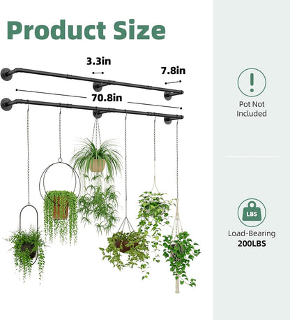 Galood Plant Hanger Indoor with 6 Hanging Chains Hanging Planters for Indoor Plants Hanging Plant Holder Window Plants Rod Black Metal Shelves(70.8 Inch Pot not Included