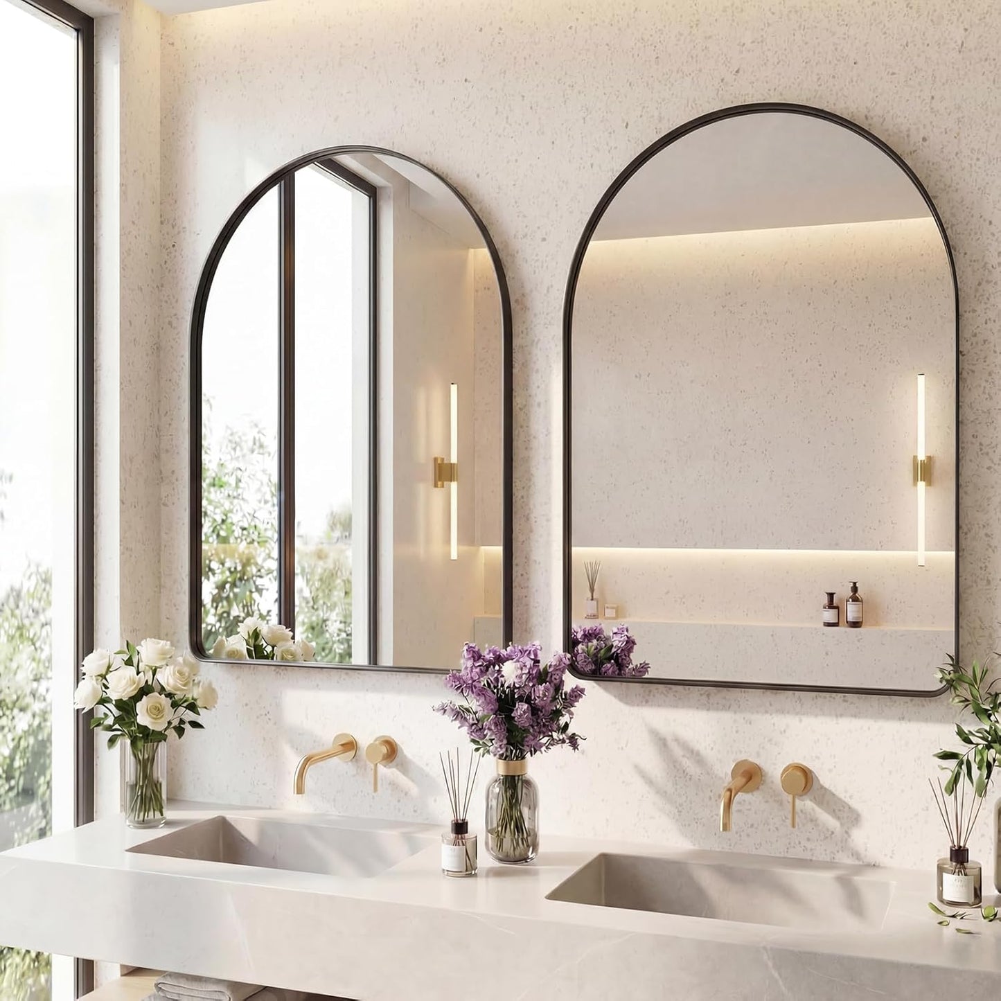 OLIXIS Arched Bathroom Mirror for Over Sink, 34x32 Inch Wall Mirror Arched Rounded Rectangle, Modern Wall Mount Vanity Mirror with Matte Metal Deep Framed, for Home Decor, Living Room, Black