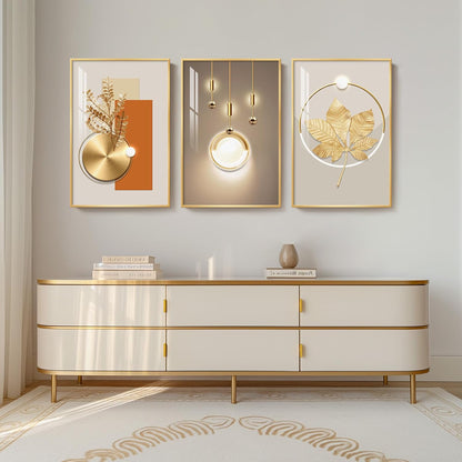 Framed Modern Luxury Gold Wall Art, Set of 3 Piece Contemporary Paintings Artwork for Walls, Golden Prints Pictures with Gold Frame, Wall Decor for Living Room, Hallway, Bedroom, Office 16x24 Inch