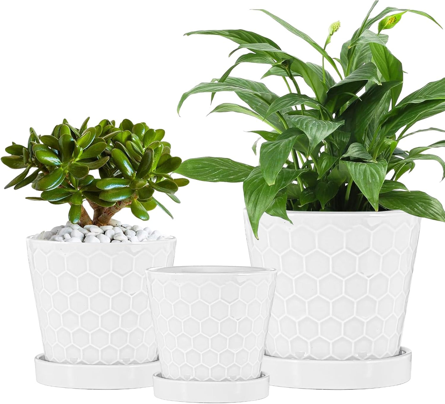 Ceramic Plant Pots,4+5+6 Inch Pots for Indoor Plants,Planters with Drainage Holes and Ceramic Tray, Indoor Flower Pots Gardening Home Desktop Office Windowsill Decoration Gift,Set of 3 (Patina)