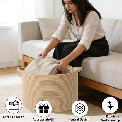 Large Woven Blanket Basket,65L Cotton Rope Laundry Basket Hamper with Handles, Decorative Nursery Basket Storage Bin for Toys, Clothes Organizer, Living Room, Bedroom, Bathroom, White & Brown