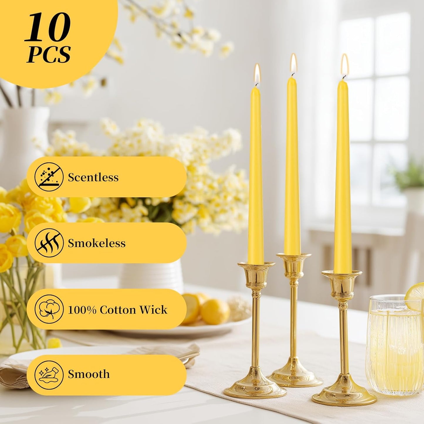 KONNI 0.87×10 Inch Ivory Taper Candles, Unscented and Smokeless Tall Candlesticks, 10 Pack Tapered Candles with Cotton Wicks, Long Burning, Ideal for Weddings, Dinner Parties, and Home Décor