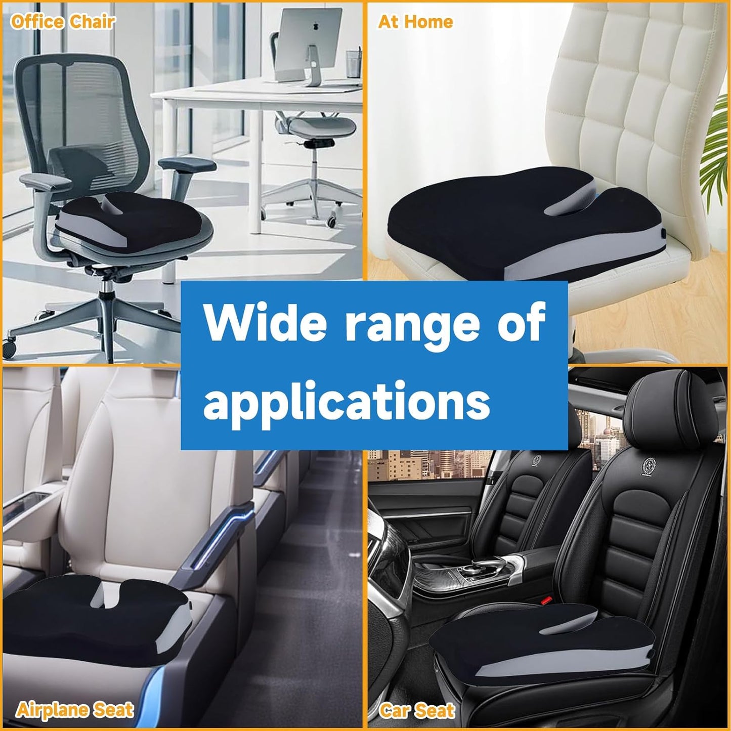 Seat Cushions for Office Chairs Wheelchair Cushion for Long Sitting Back Pain，Memory Foam Seat Car Computer Desk Chair Cushion，Coccyx Cushion for Tailbone Pain Relief Cushion Office Chair Black