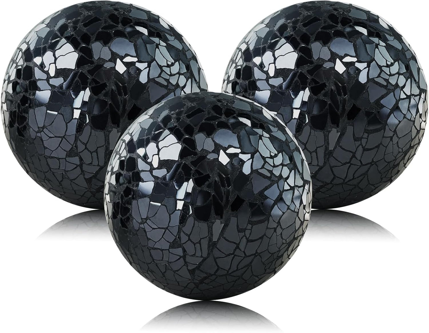 3 Pack Blue Decorative Orbs Mosaic Crack Glass Balls Decor Solid Sphere Globe Bowl Vase Fillers Holiday Living Room Mantle Basket Centerpiece 3.35 Inch