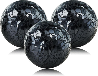 3 Pack Blue Decorative Orbs Mosaic Crack Glass Balls Decor Solid Sphere Globe Bowl Vase Fillers Holiday Living Room Mantle Basket Centerpiece 3.35 Inch
