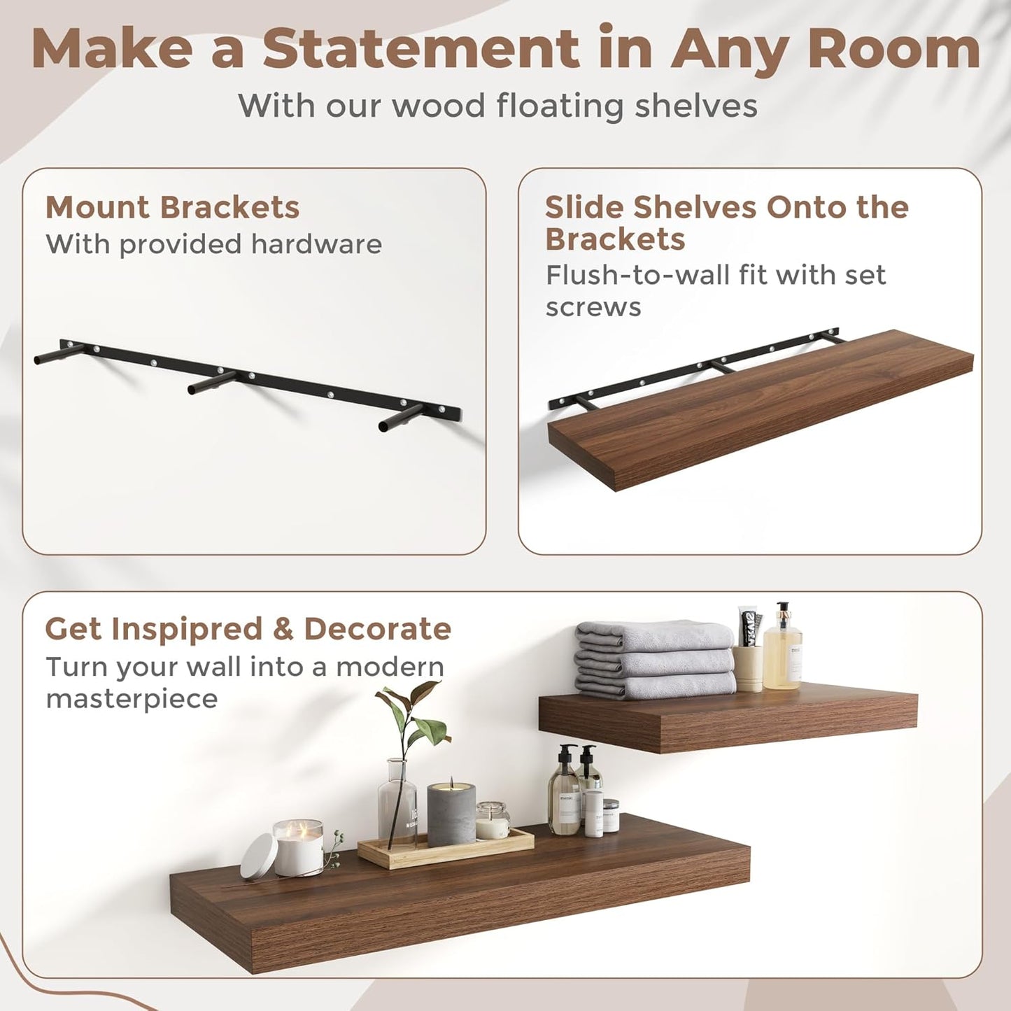 72 Inch Long Floating Shelves for Wall Set of 2, 12"D Wood Grain Bathroom Shelves with Invisible Brackets, Easy Install Engineered Wood Storage Shelves for Kitchen, Living Room, Bedroom, Black Finish
