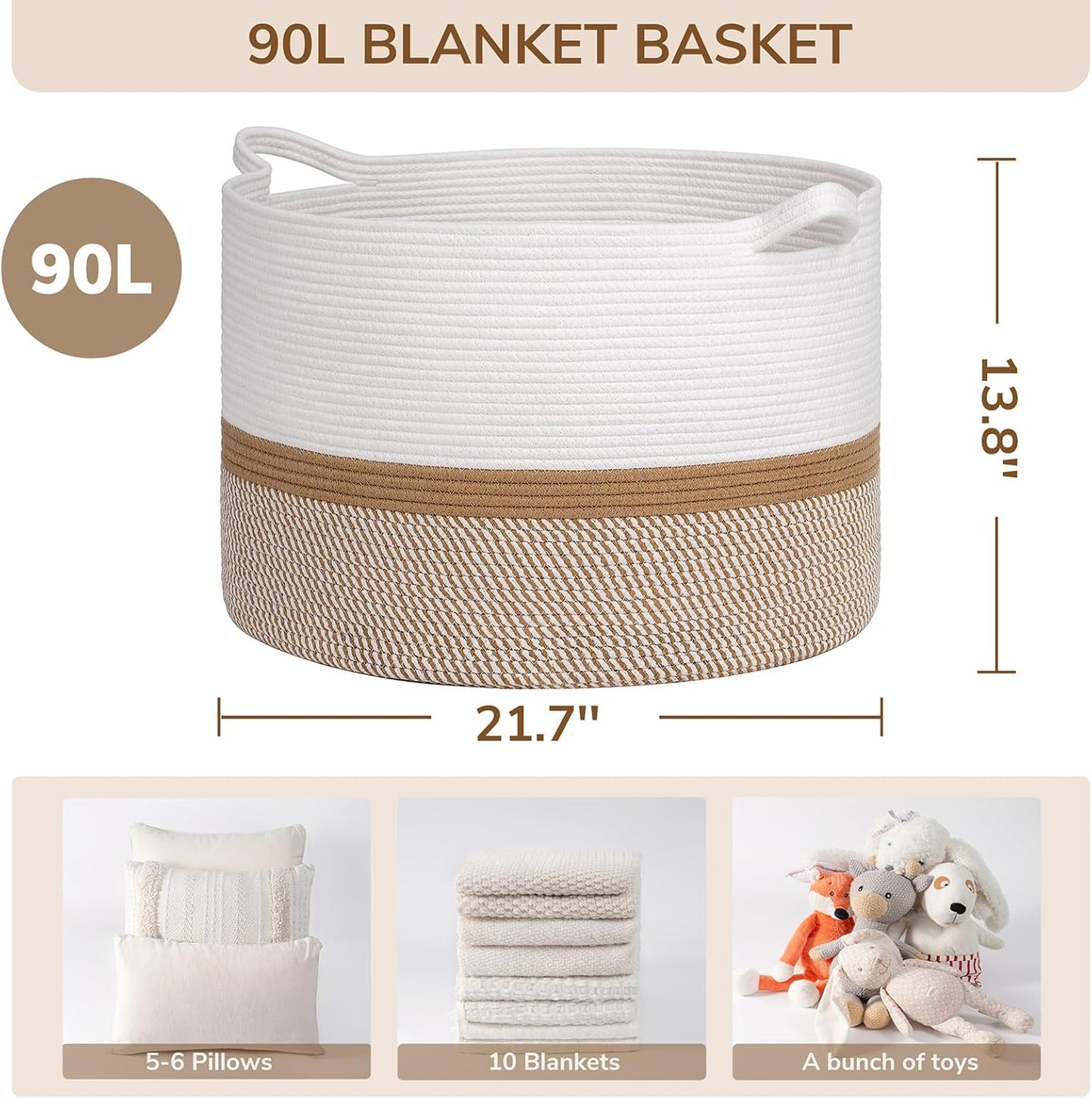 INDRESSME XXXLarge Blanket Basket for Living Room 21.7" x 21.7" x 13.8"-Storage Basket with Handle for Organizing Toy Pillows Woven Cotton Rope Laundry Basket Stuffed Animal Toy Storage for Play Room