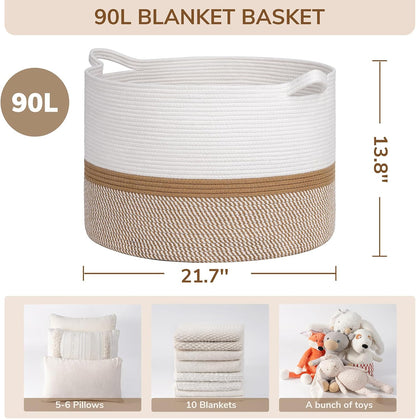 INDRESSME XXXLarge Blanket Basket for Living Room 21.7" x 21.7" x 13.8"-Storage Basket with Handle for Organizing Toy Pillows Woven Cotton Rope Laundry Basket Stuffed Animal Toy Storage for Play Room