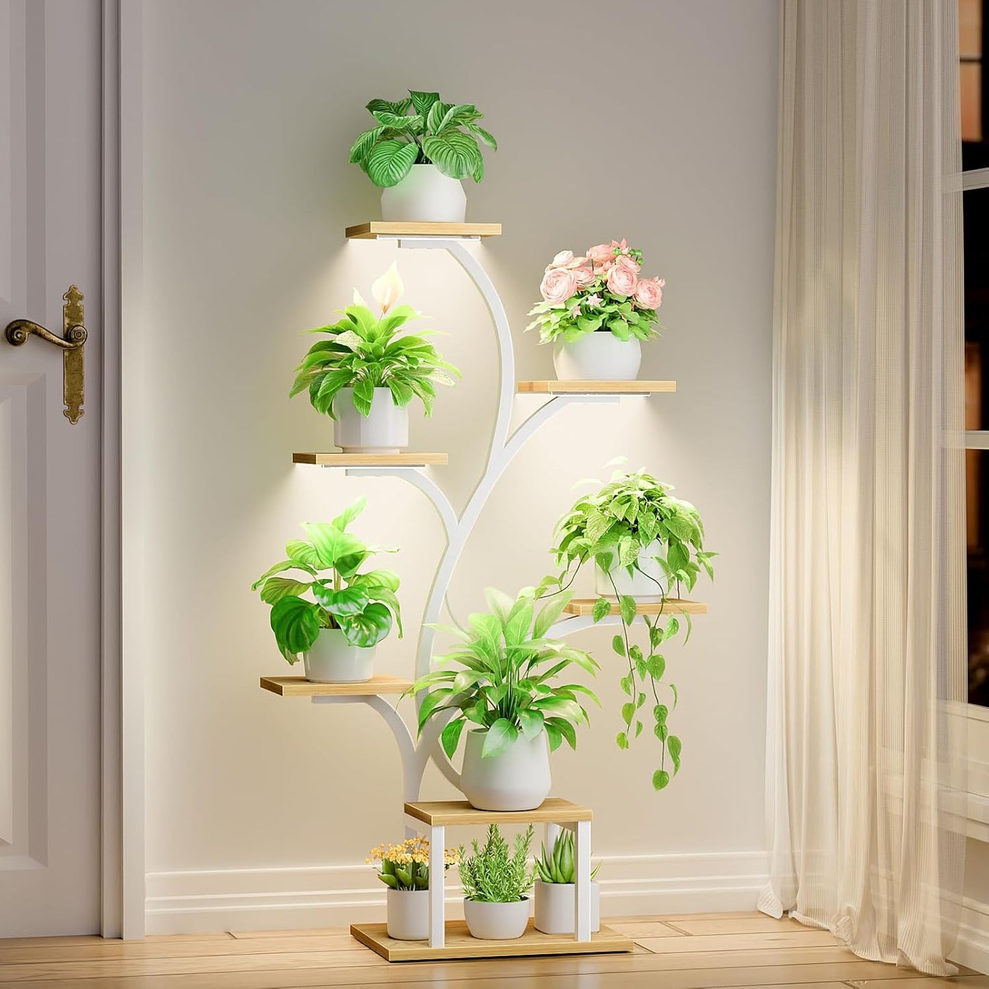 BACEKOLL Plant Stand Indoor with Grow Lights, 7 Tiered Indoor Plant Shelf, 49" Corner Plant Stands for Indoor Plants, Metal Plant Flower Display Shelf, Tree-Shaped Plant Rack for Home, Patio, Brown