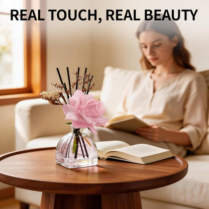 Reed Diffusers Set Flower Scented Diffuser for 140 Days, Flower Diffuser 8.5 fl oz with Dried Flowers and Decorative Rose, Long Lasting Home Fragrance with 10 Sticks for Bathroom, Shelf, Office Decor