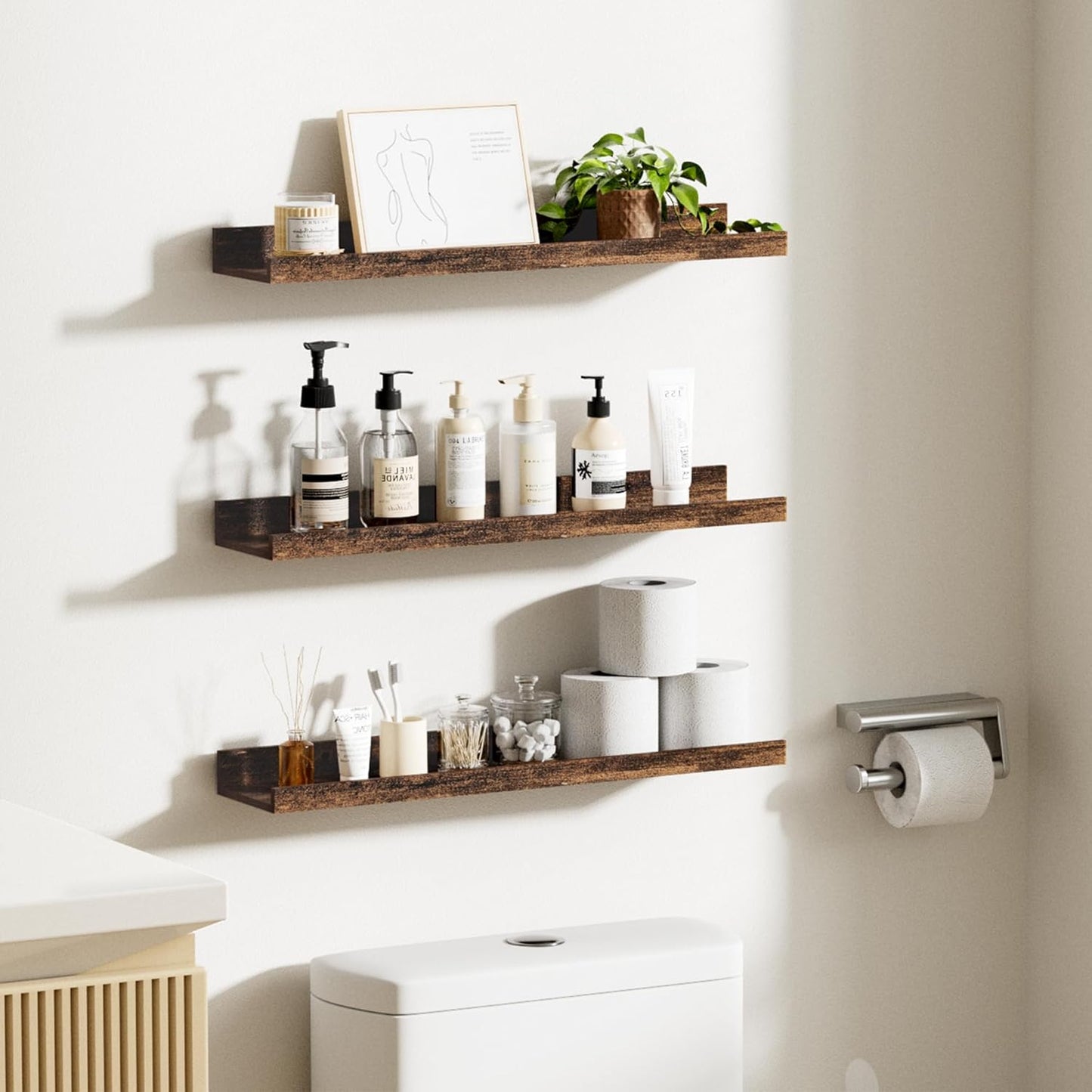 upsimples 6 Pack Wooden Floating Shelves, Wall Storage Decor Shelf for Bathroom, Bedroom, Living Room, Kitchen, Office and Laundry Room, Wall Mounted Display Hanging Shelf, Brown