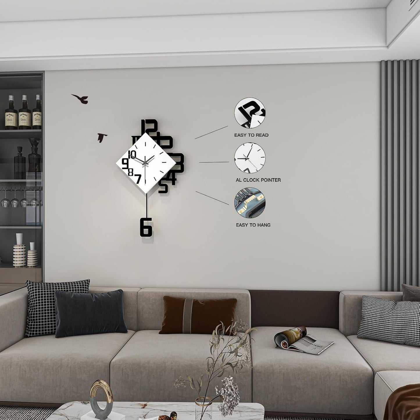 Decorative Wall Clock for Living Room Decor Large Modern Wall Clocks with Pendulum Battery Operated for Bedroom Office Kitchen Home Small Black Silent Wall Clock Non Ticking 11.8*22.4 Inch