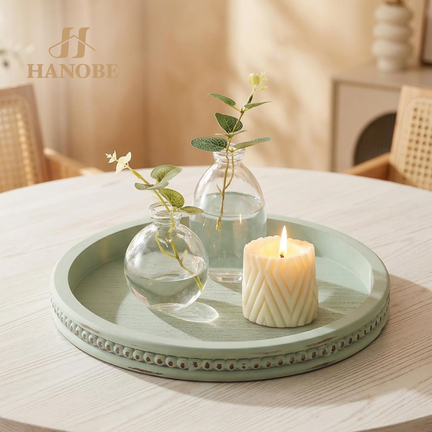 Hanobe Round Wooden Decorative Tray: White Washed Bead Tray Decor for Coffee Table Centerpiece Rustic Farmhouse Tray for Kitchen Counter Living Room Decoration