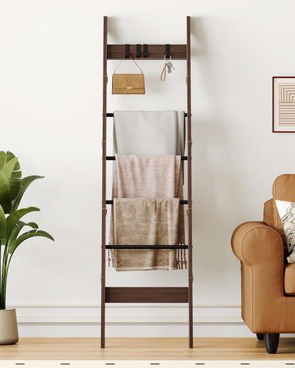 Hzuaneri Blanket Ladder for Living Room, Decorative Quilt Rack with 4 Removable Hooks, 5-Tier Farmhouse Ladder Holder Shelf Organizer for Bedroom, Rustic Brown and Black 02101BBR