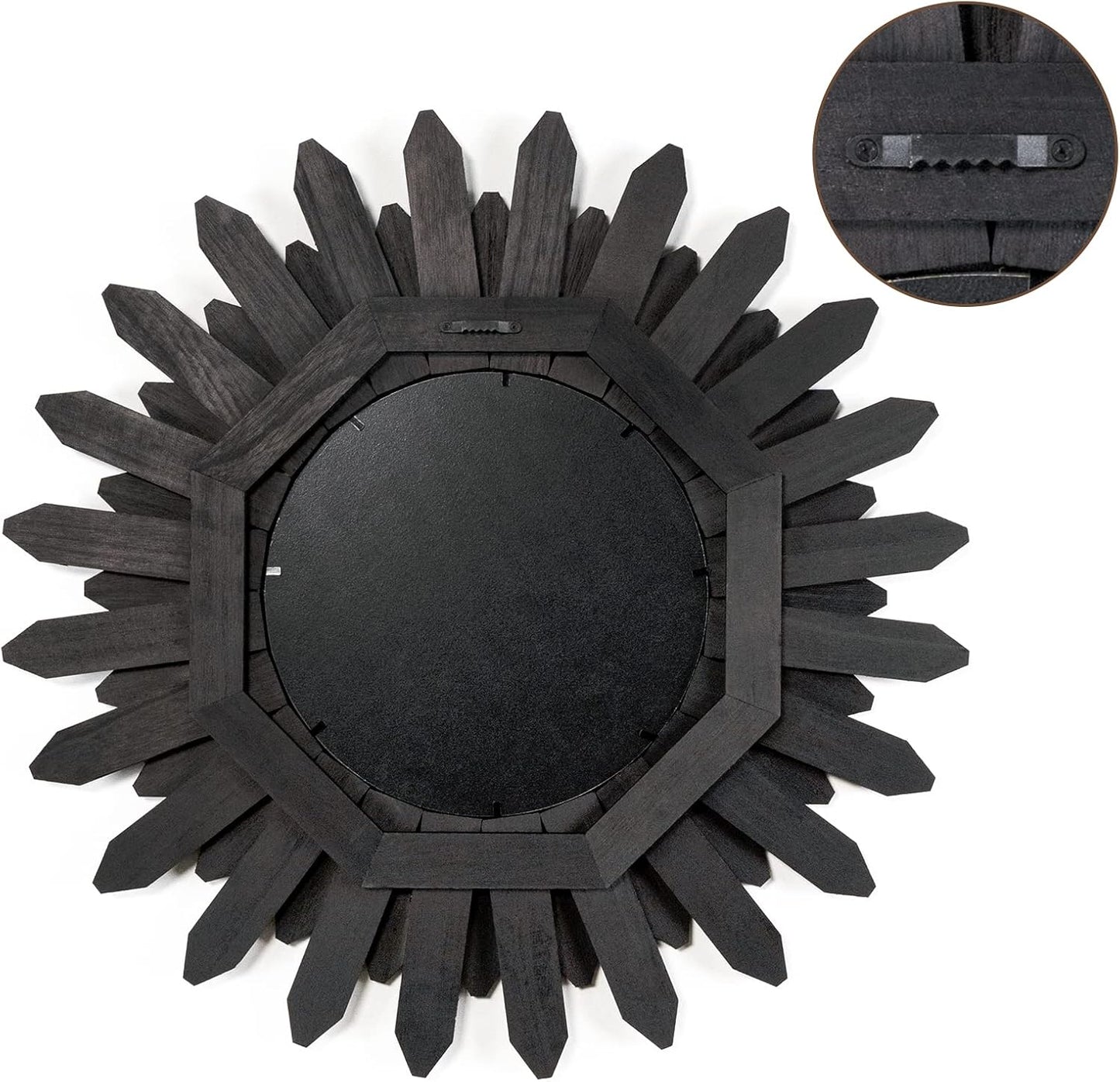 Honiway Wall Mirror Decorative 12 inch Rustic Wood Mirror Sunburst Boho Mirror for Entryway Bedroom Living Room Bathroom House Warming Gifts New Home Essential Carbonized Black