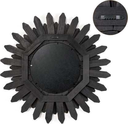 Honiway Wall Mirror Decorative 12 inch Rustic Wood Mirror Sunburst Boho Mirror for Entryway Bedroom Living Room Bathroom House Warming Gifts New Home Essential Carbonized Black